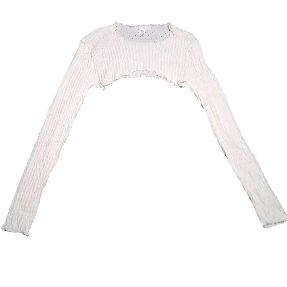 Size L Y2K Wrinkle Texture Keyhole Lace Stretchy White Bolero Shrug Longsleeve